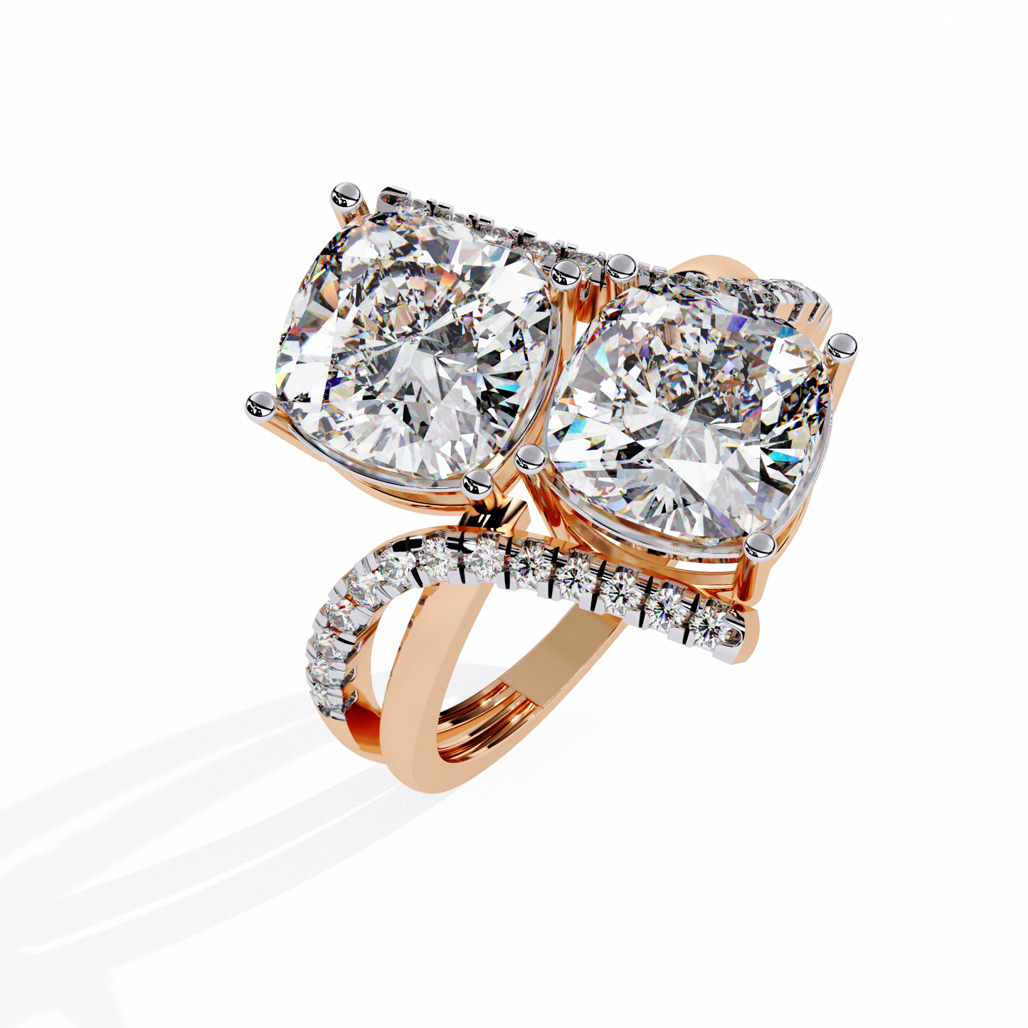 Luxurious Toi Et Moi Bypass Ring with Cushion-Cut Diamonds - 5.04 Ct