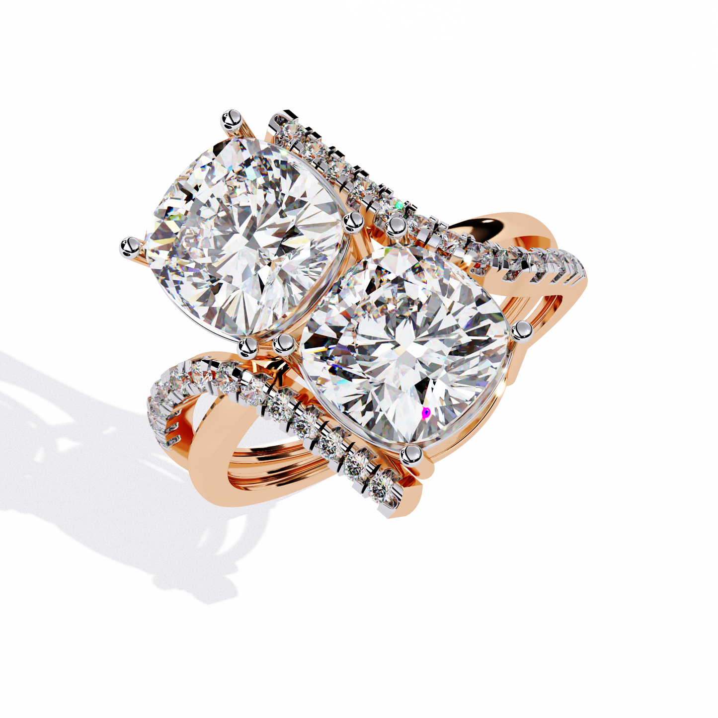 Luxurious Toi Et Moi Bypass Ring with Cushion-Cut Diamonds - 5.04 Ct