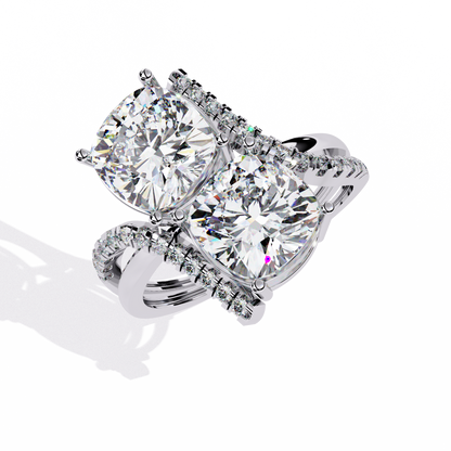 Luxurious Toi Et Moi Bypass Ring with Cushion-Cut Diamonds - 5.04 Ct