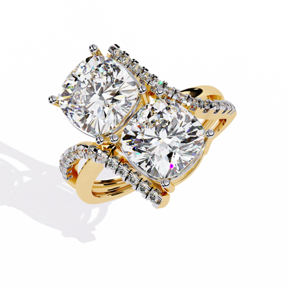 Luxurious Toi Et Moi Bypass Ring with Cushion-Cut Diamonds - 5.04 Ct
