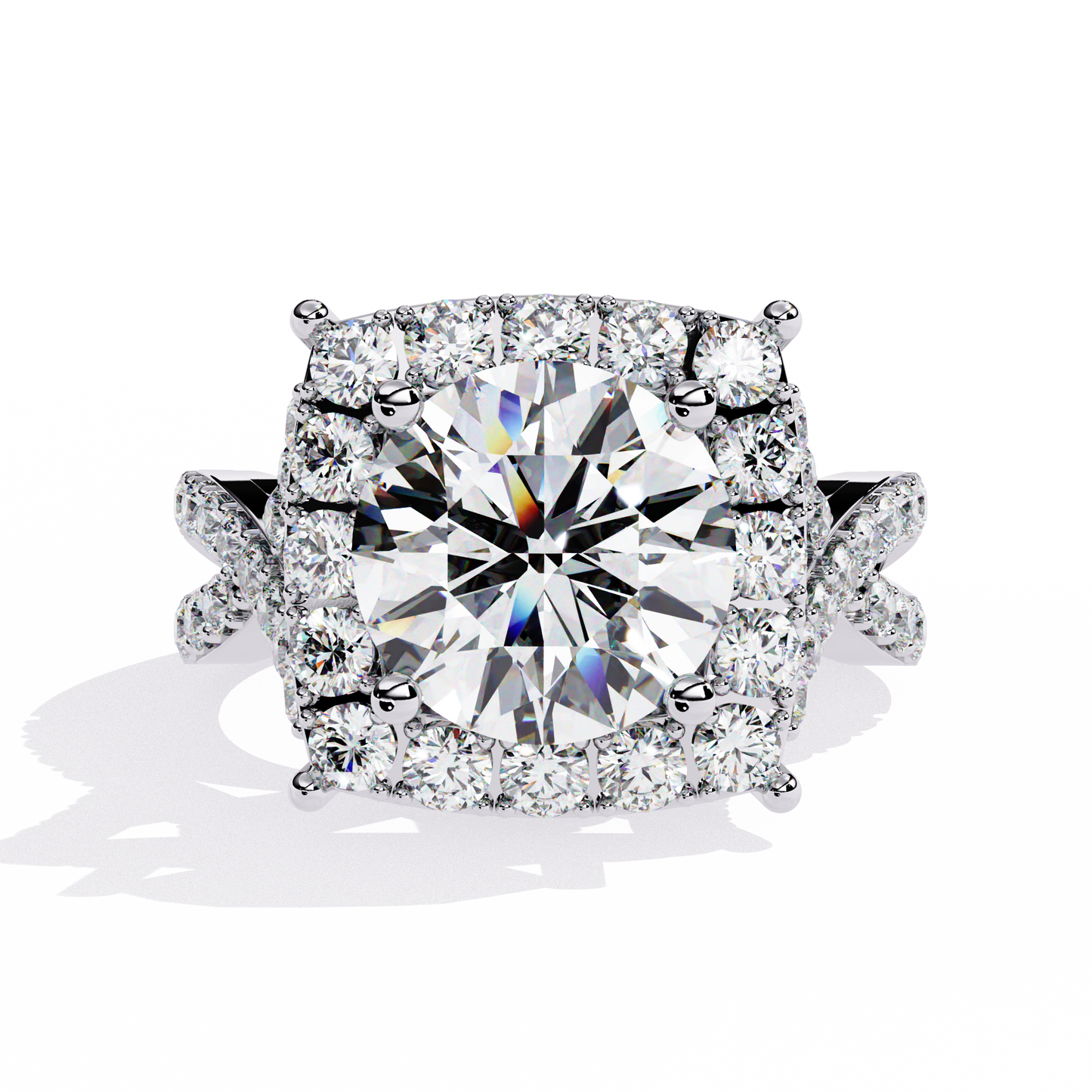 Grand Round-Cut Diamond Halo Engagement Ring with Pave Split Shank - 3.40 Ct