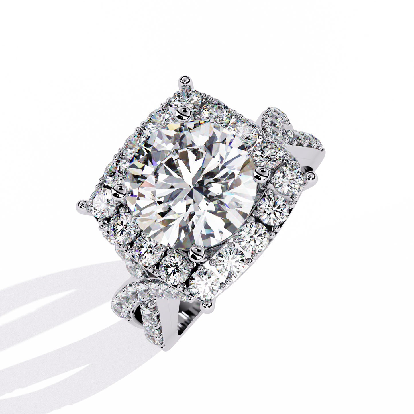 Grand Round-Cut Diamond Halo Engagement Ring with Pave Split Shank - 3.40 Ct