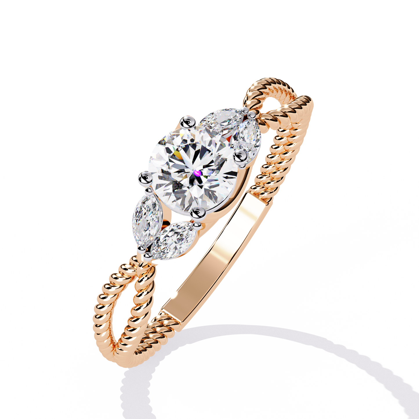 Romantic Three-Stone Diamond Ring with Braided Rose Gold Band- 0.44 Ct