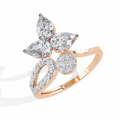 The Golden Floral Bloom Cocktail Ring- 1.21 Ct Round and Pear Cut Diamonds