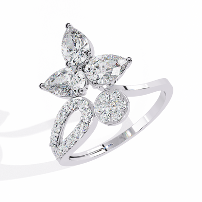 The Golden Floral Bloom Cocktail Ring- 1.21 Ct Round and Pear Cut Diamonds