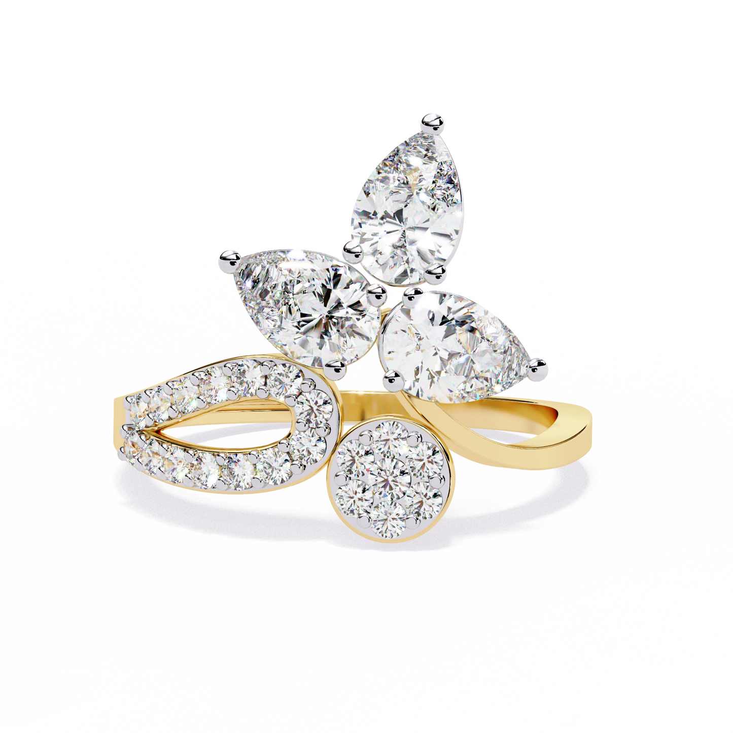 The Golden Floral Bloom Cocktail Ring- 1.21 Ct Round and Pear Cut Diamonds
