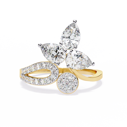 The Golden Floral Bloom Cocktail Ring- 1.21 Ct Round and Pear Cut Diamonds