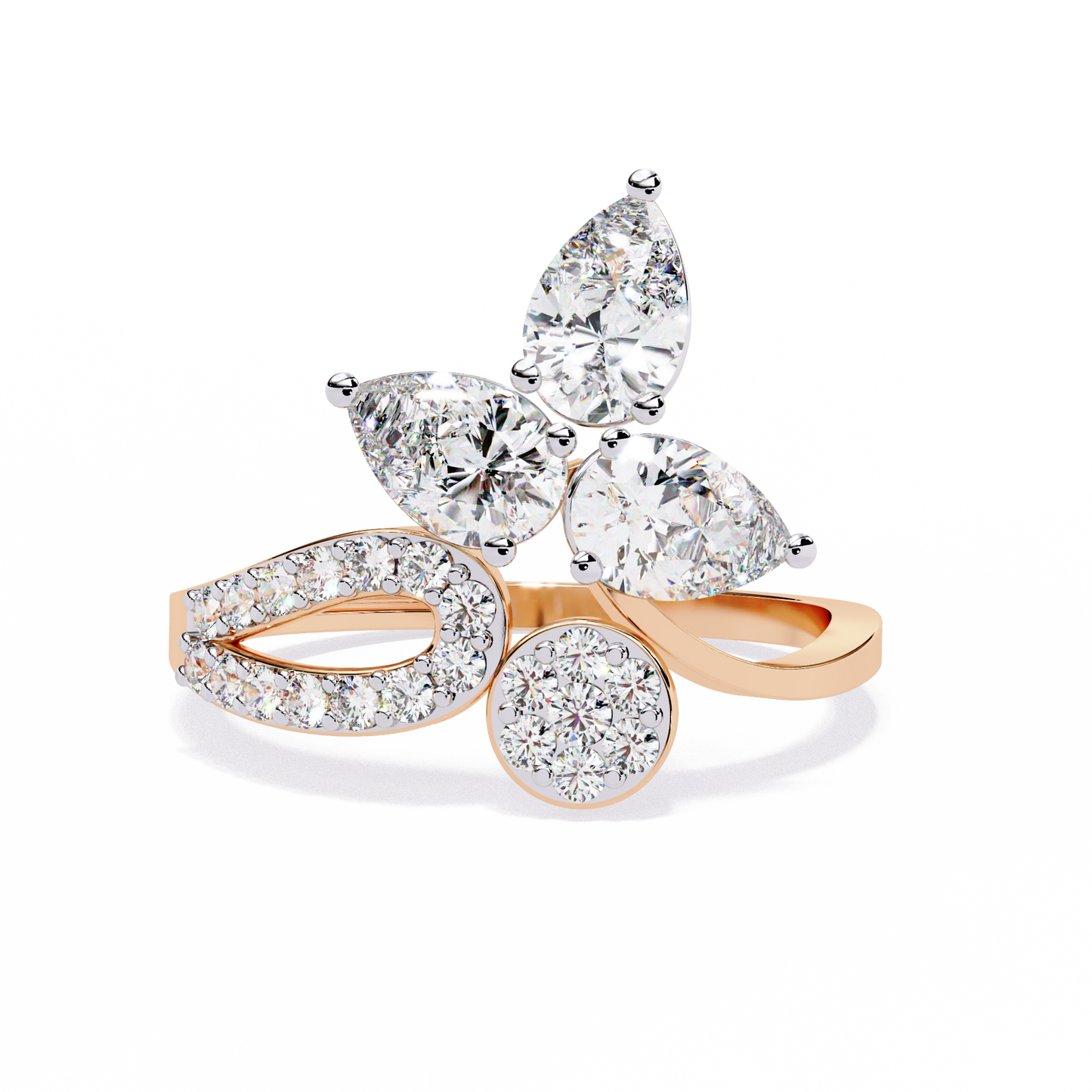 The Golden Floral Bloom Cocktail Ring- 1.21 Ct Round and Pear Cut Diamonds