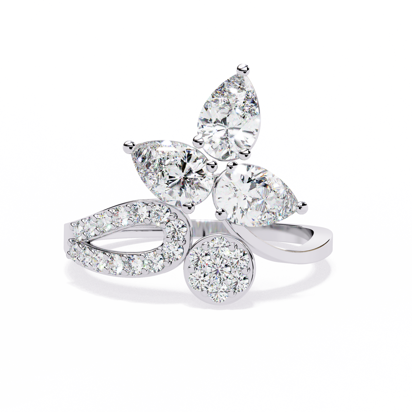 The Golden Floral Bloom Cocktail Ring- 1.21 Ct Round and Pear Cut Diamonds