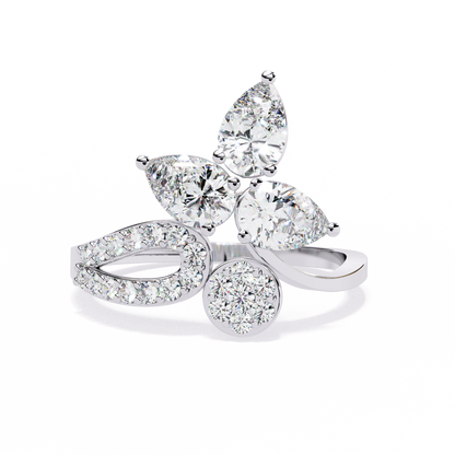 The Golden Floral Bloom Cocktail Ring- 1.21 Ct Round and Pear Cut Diamonds