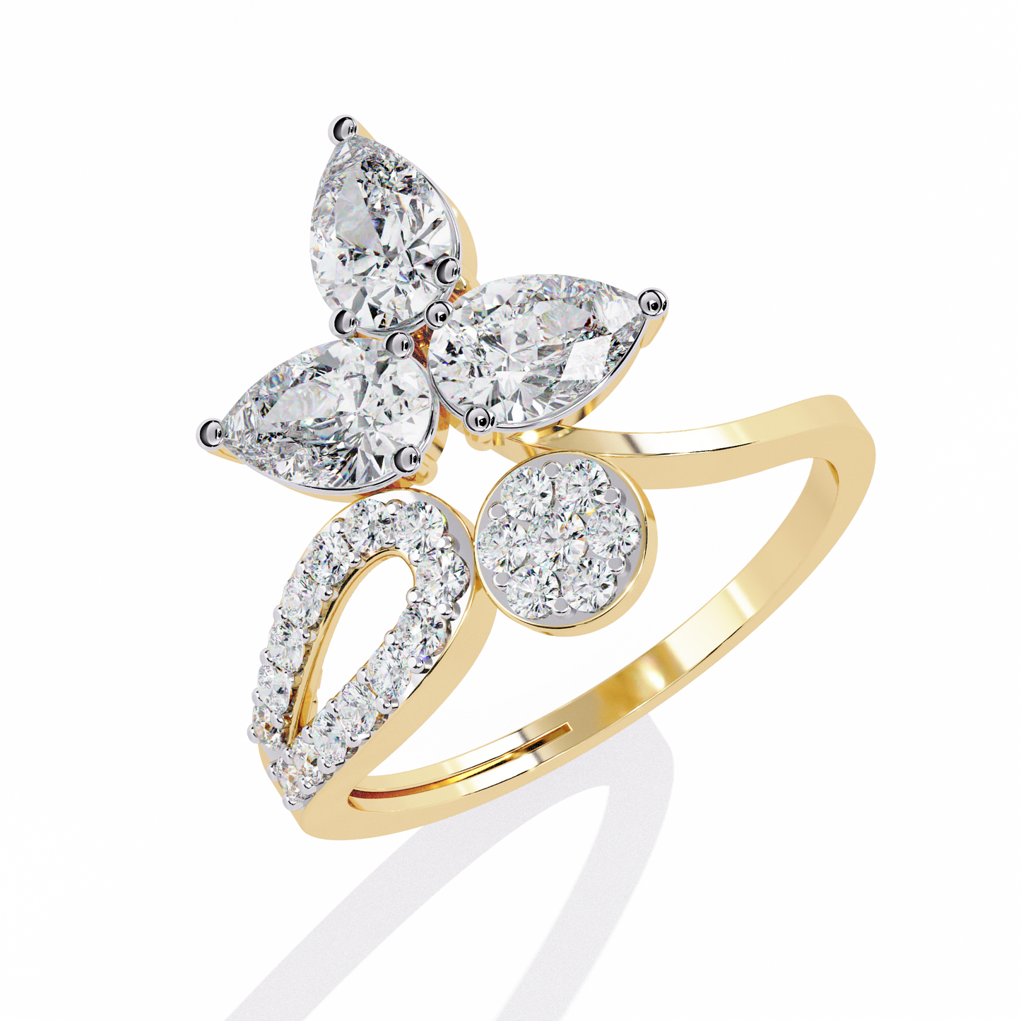 The Golden Floral Bloom Cocktail Ring- 1.21 Ct Round and Pear Cut Diamonds