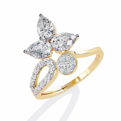 The Golden Floral Bloom Cocktail Ring- 1.21 Ct Round and Pear Cut Diamonds
