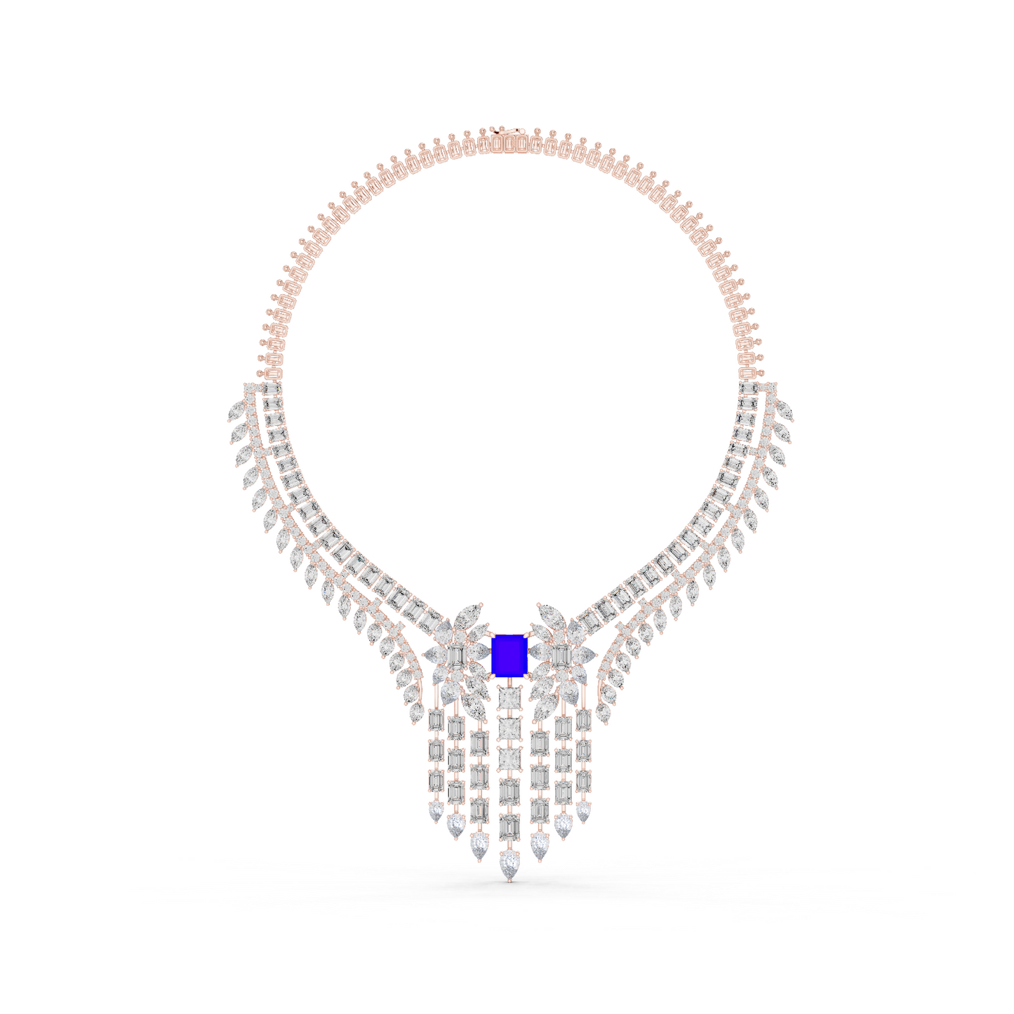 Yellow Gold Royal Blue Statement Necklace | Multi Shape Diamond Choker 82.28ctw