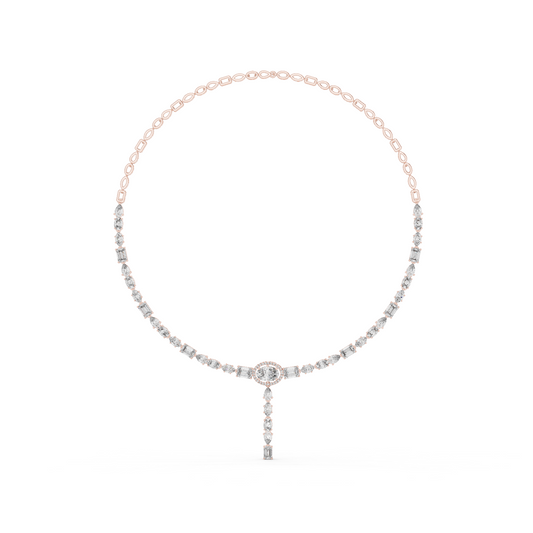 14.27ctw Solid Gold Multi-Cut Diamond Tennis Y-Necklace with Oval Halo