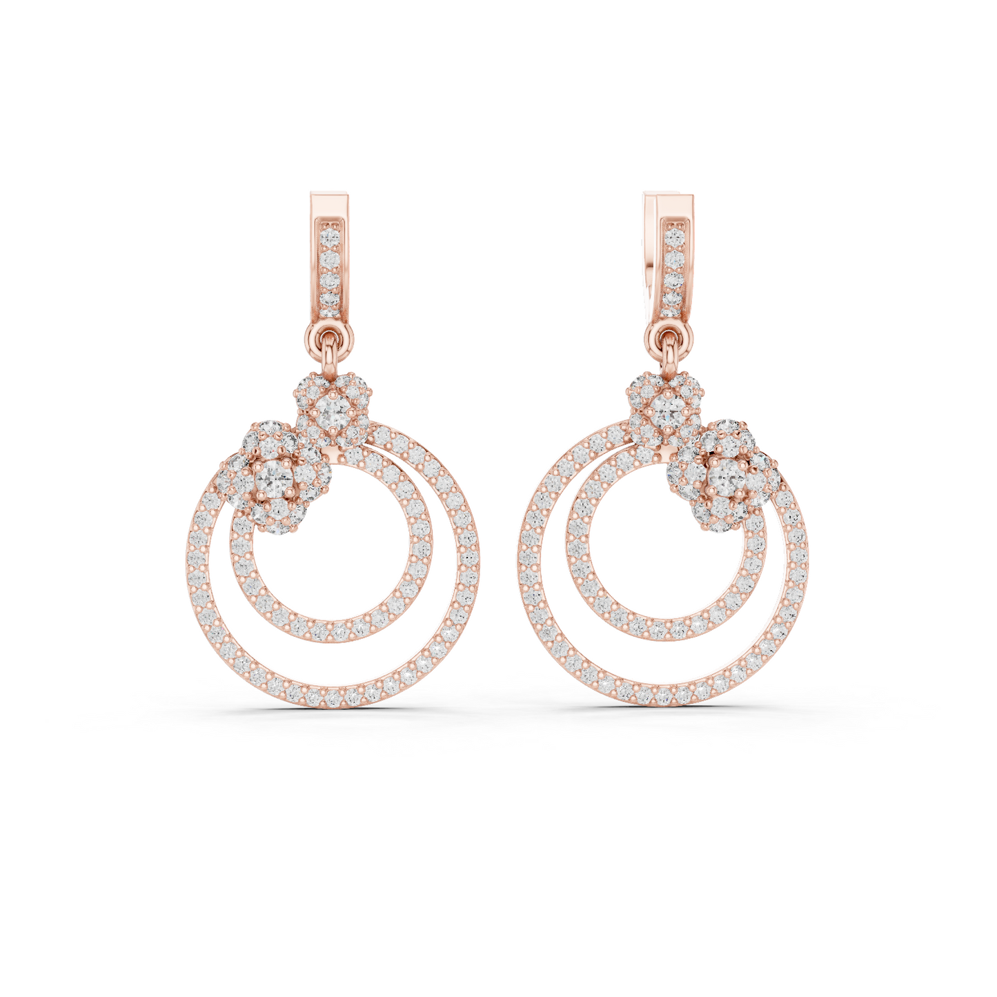 1.08 CTW Diamond Floral Orbit Double Hoop Drop Earrings in Gold