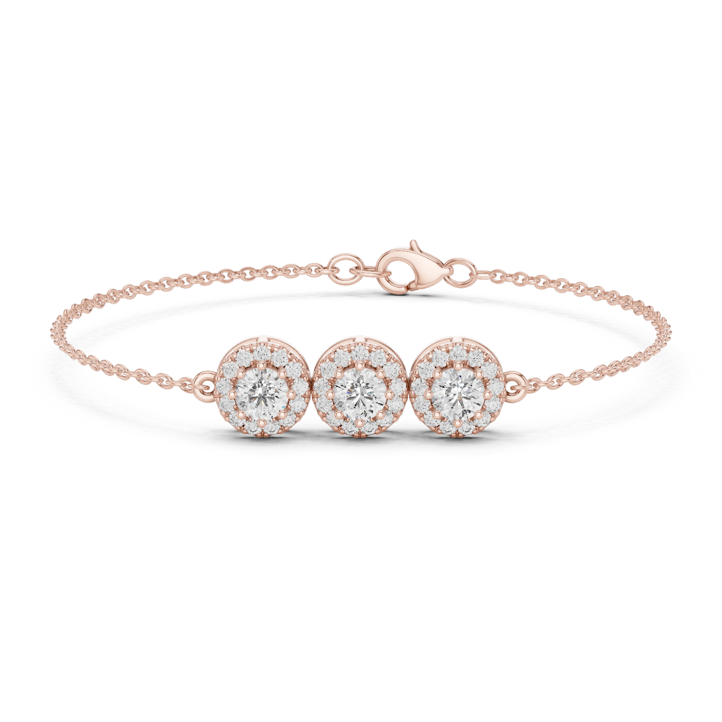 1.29CTW Round Diamond Three-Stone Halo Bracelet | Solid Gold
