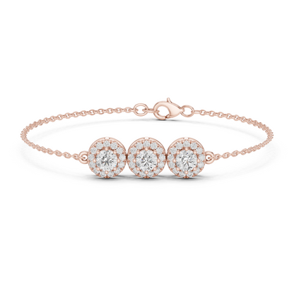 1.29CTW Round Diamond Three-Stone Halo Bracelet | Solid Gold