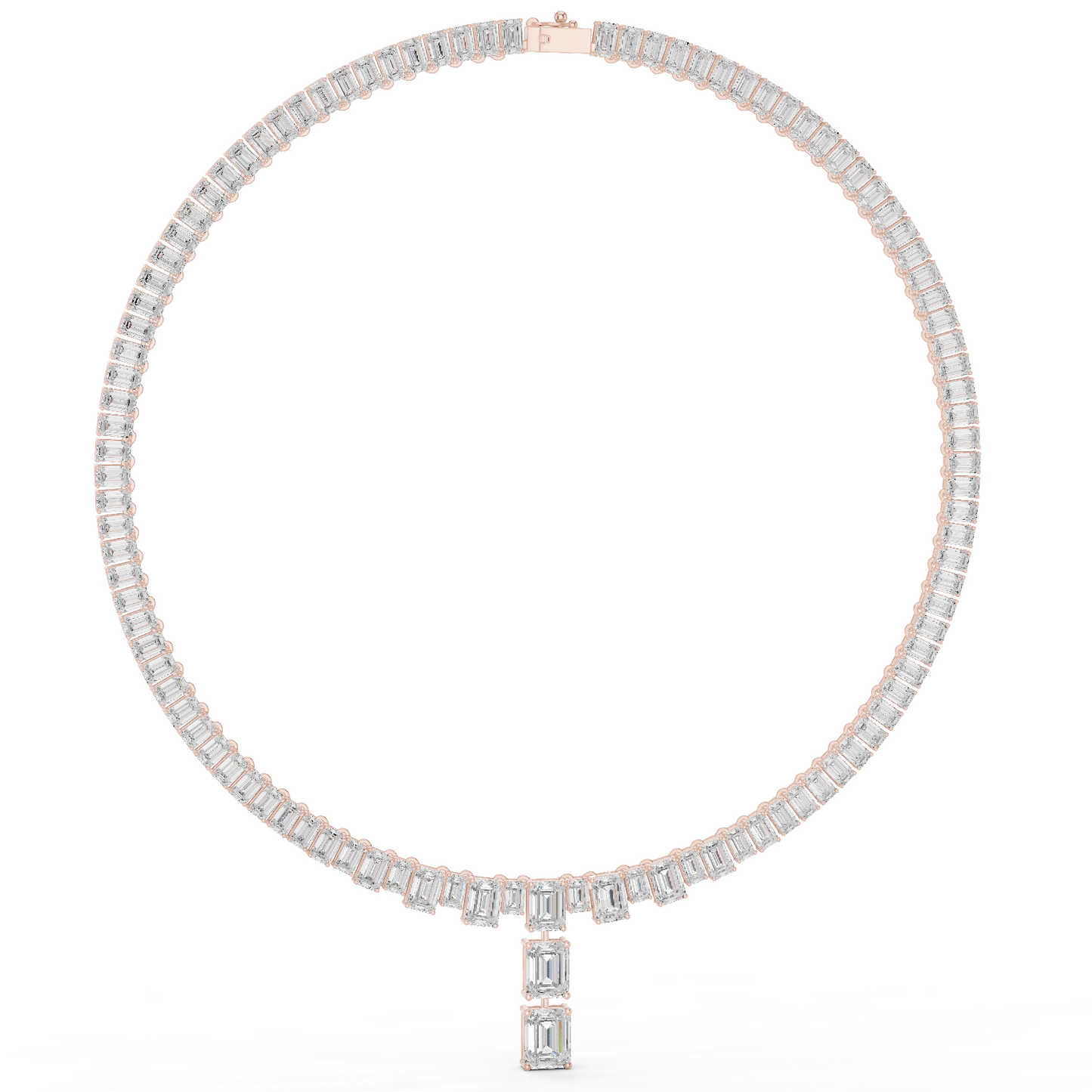 33.3ctw Solid Gold Emerald Cut Diamond Tennis Riviere Necklace with Drop