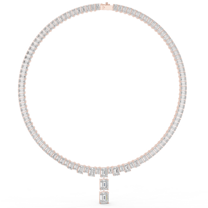 33.3ctw Solid Gold Emerald Cut Diamond Tennis Riviere Necklace with Drop