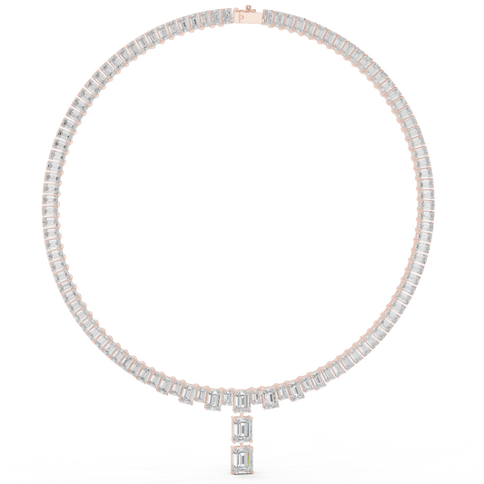 33.3ctw Solid Gold Emerald Cut Diamond Tennis Riviere Necklace with Drop
