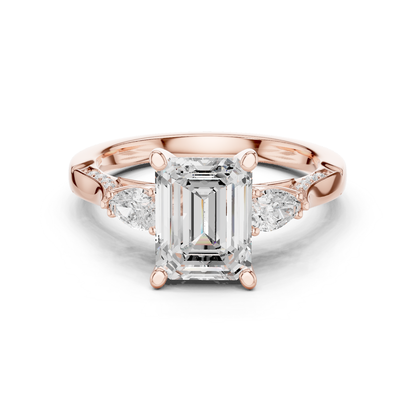 2.54ctw Emerald Cut & Pear Three-Stone Diamond Ring | Yellow Gold Pavé Band