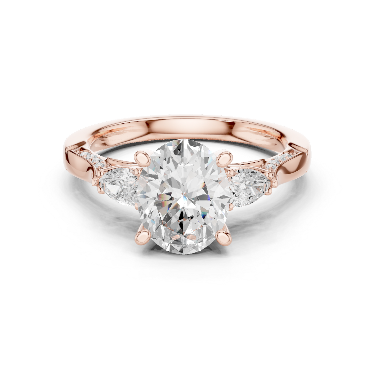 2.54ctw Oval-Cut & Pear Three-Stone Diamond Ring | Yellow Gold Pavé Band