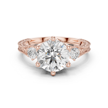 2.80 Carat Vintage Three-Stone Round Diamond Filigree Ring | Solid Gold