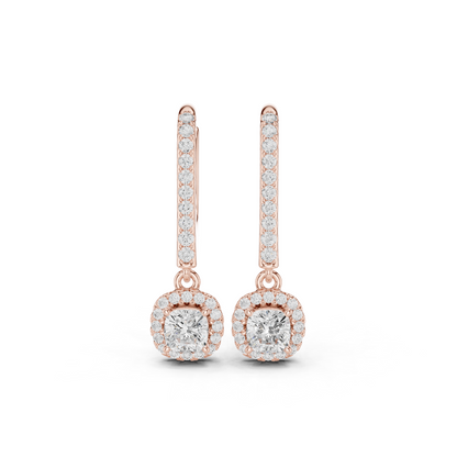 0.80ctw Cushion Cut Diamond Halo Drop Huggie Earrings - Yellow Gold