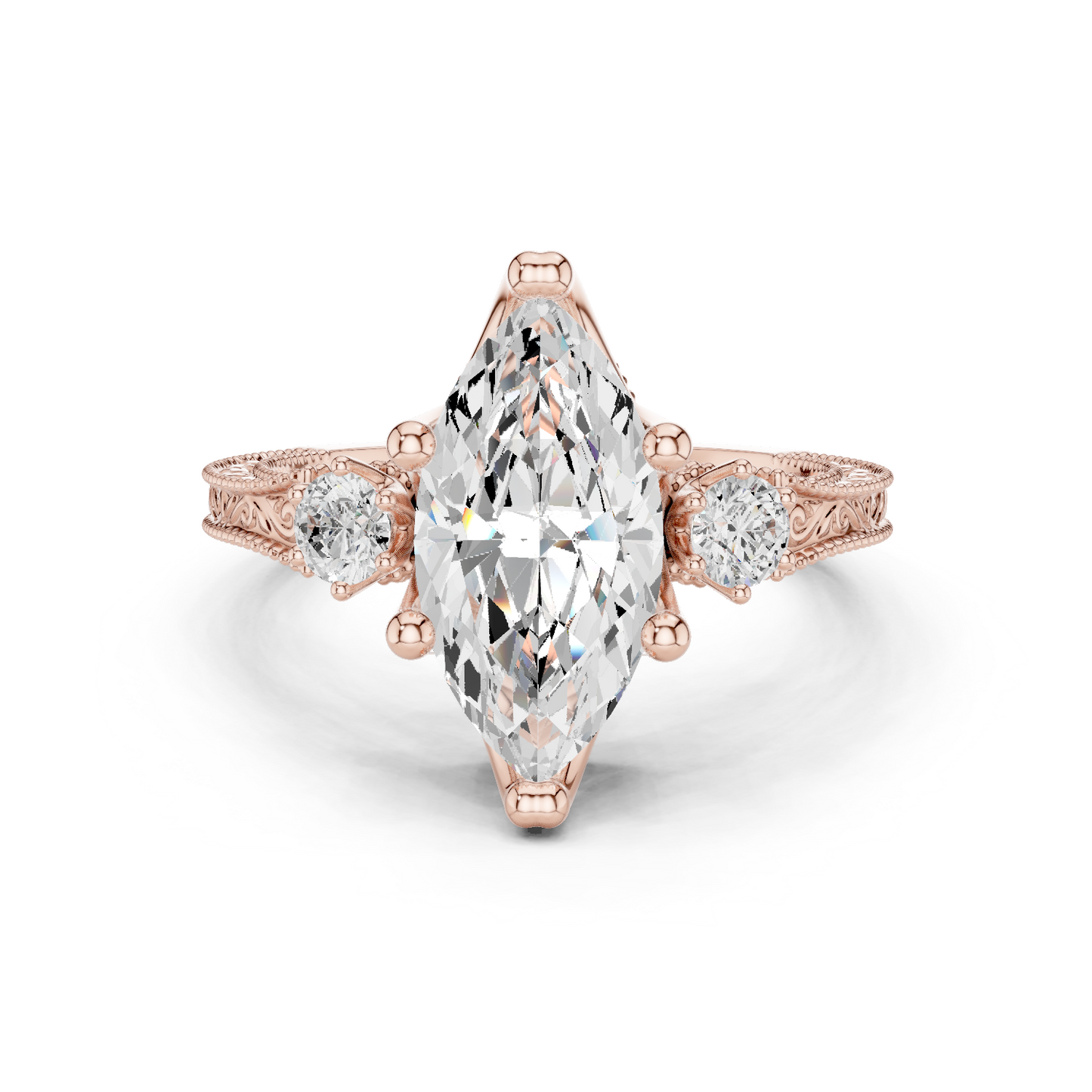 2.80 Carat Vintage Three-Stone Marquise Diamond Filigree Ring | Solid Gold