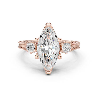 2.80 Carat Vintage Three-Stone Marquise Diamond Filigree Ring | Solid Gold