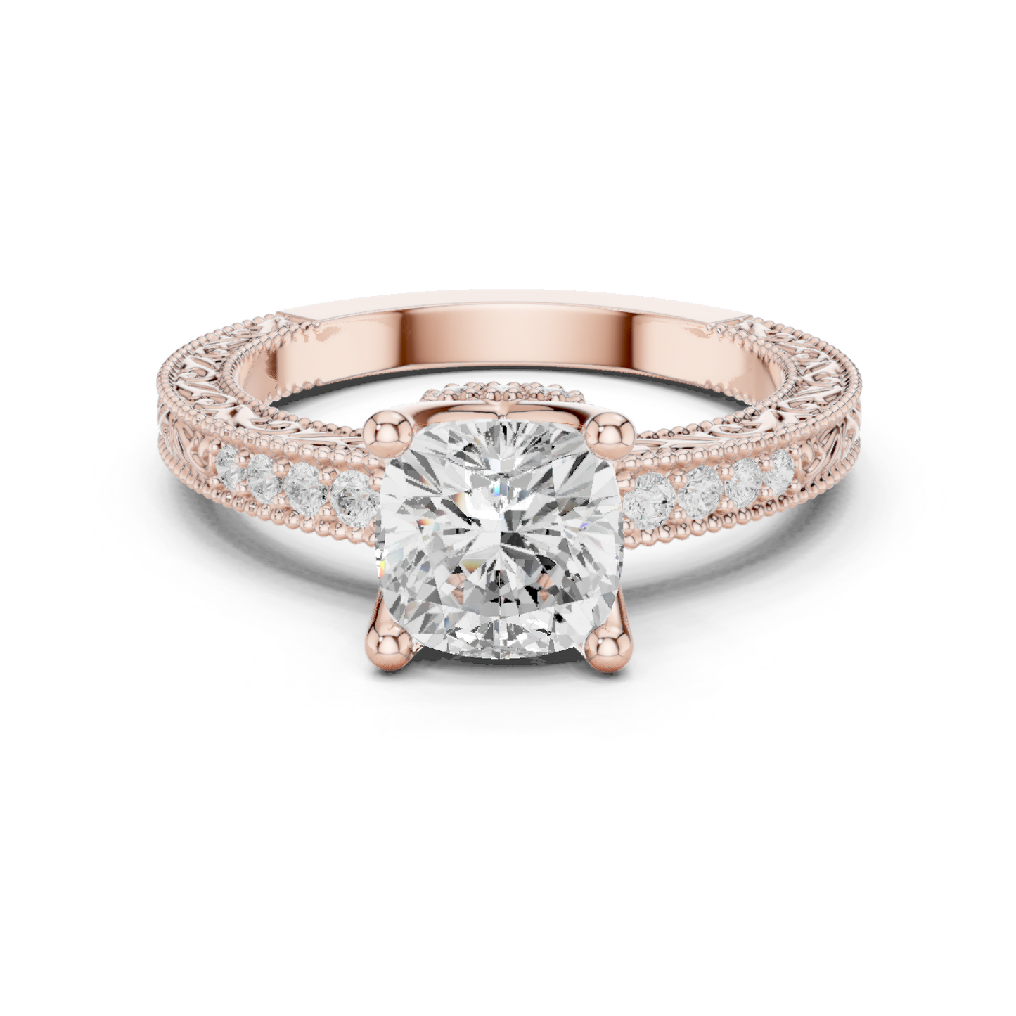 2.19ctw Vintage Cushion Cut Ring with Milgrain Filigree Hidden Halo | Yellow Gold