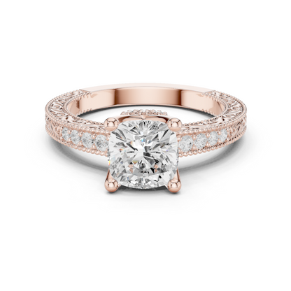 2.19ctw Vintage Cushion Cut Ring with Milgrain Filigree Hidden Halo | Yellow Gold