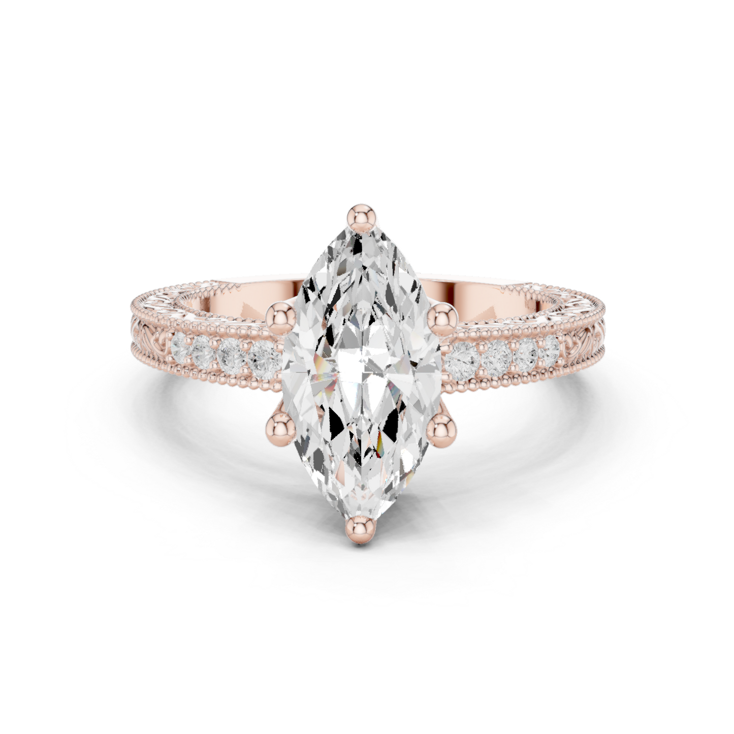 2.22ctw Vintage Marquise Cut Ring with Milgrain Filigree Hidden Halo | Yellow Gold