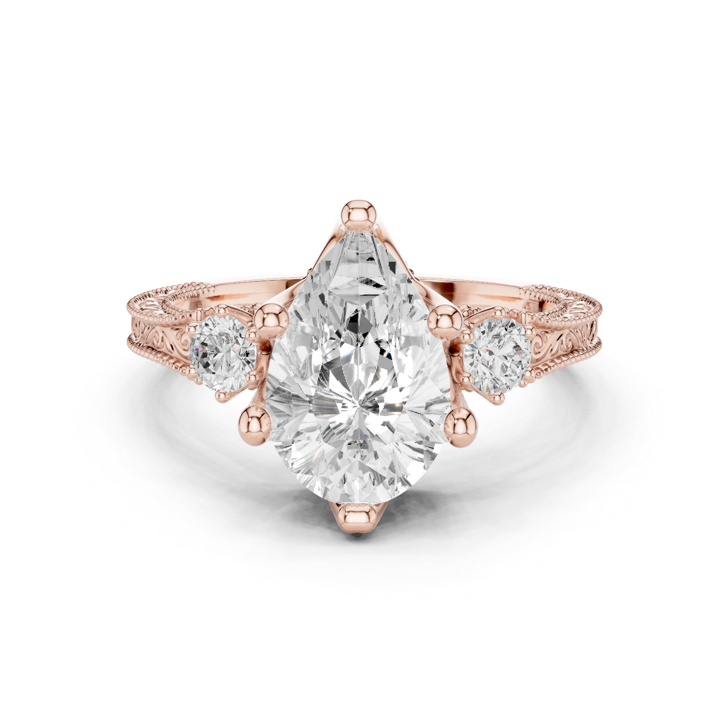 2.80 Carat Vintage Three-Stone Pear Diamond Filigree Ring | Solid Gold