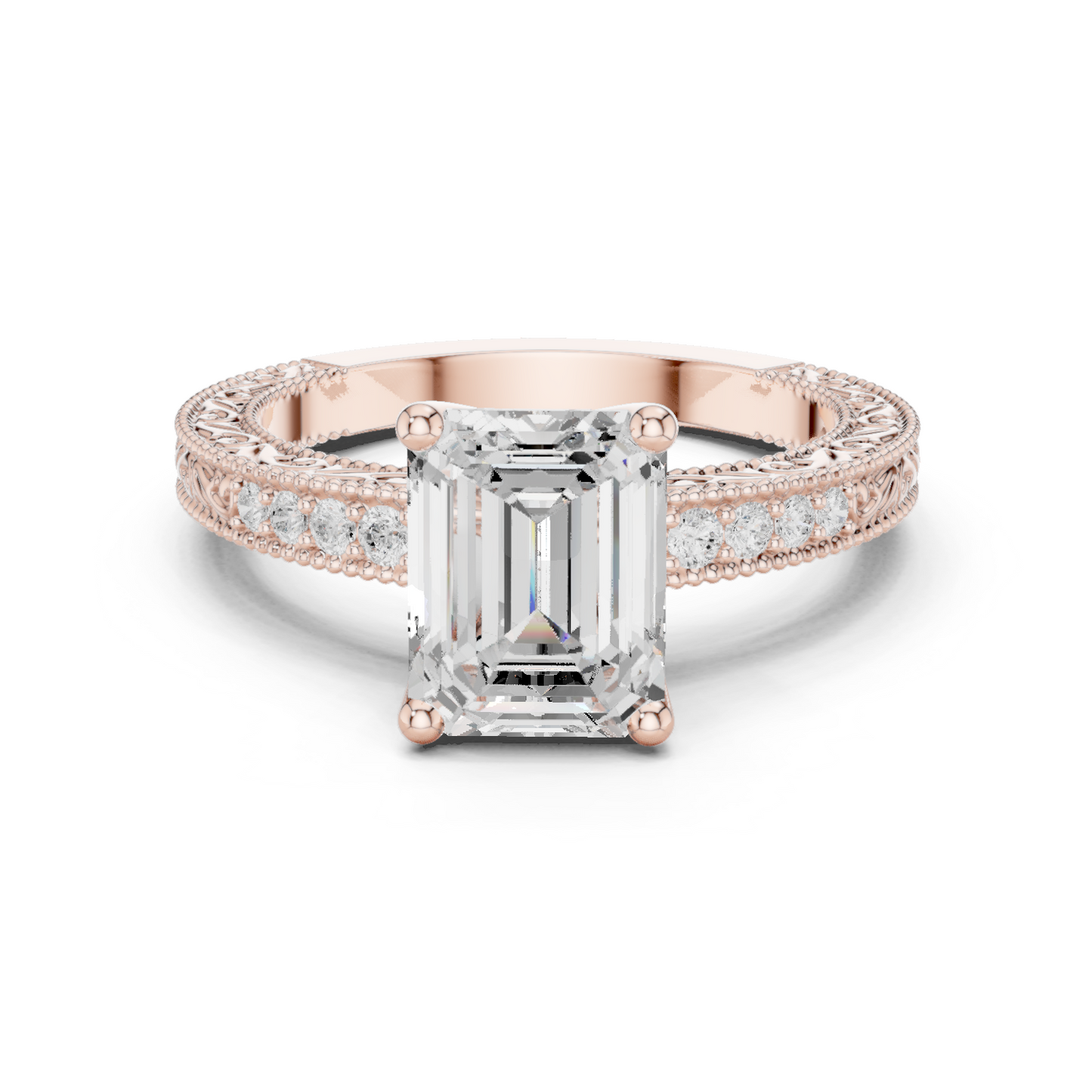 2.21ctw Vintage Emerald Cut Ring with Milgrain Filigree Hidden Halo | Yellow Gold