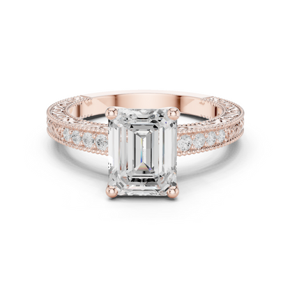 2.21ctw Vintage Emerald Cut Ring with Milgrain Filigree Hidden Halo | Yellow Gold