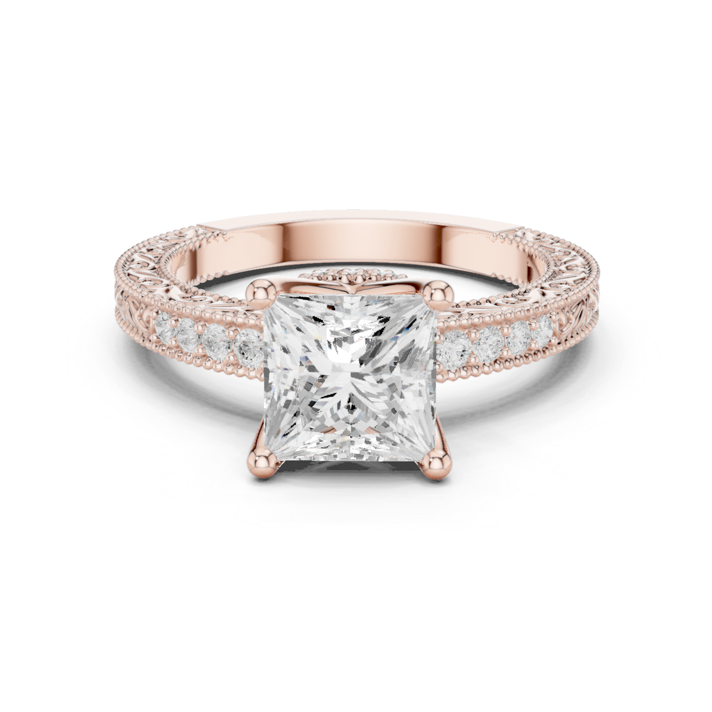 2.19ctw Vintage Princess Cut Ring with Milgrain Filigree Hidden Halo | Yellow Gold