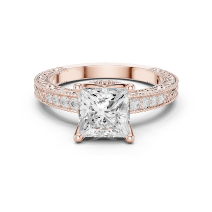 2.19ctw Vintage Princess Cut Ring with Milgrain Filigree Hidden Halo | Yellow Gold