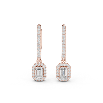 0.83ctw Emerald Cut Diamond Halo Drop Huggie Earrings - Yellow Gold