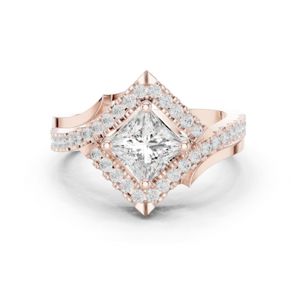 1.36ctw Princess Cut Diamond Kite Shape Halo Bypass Ring - Solid Gold