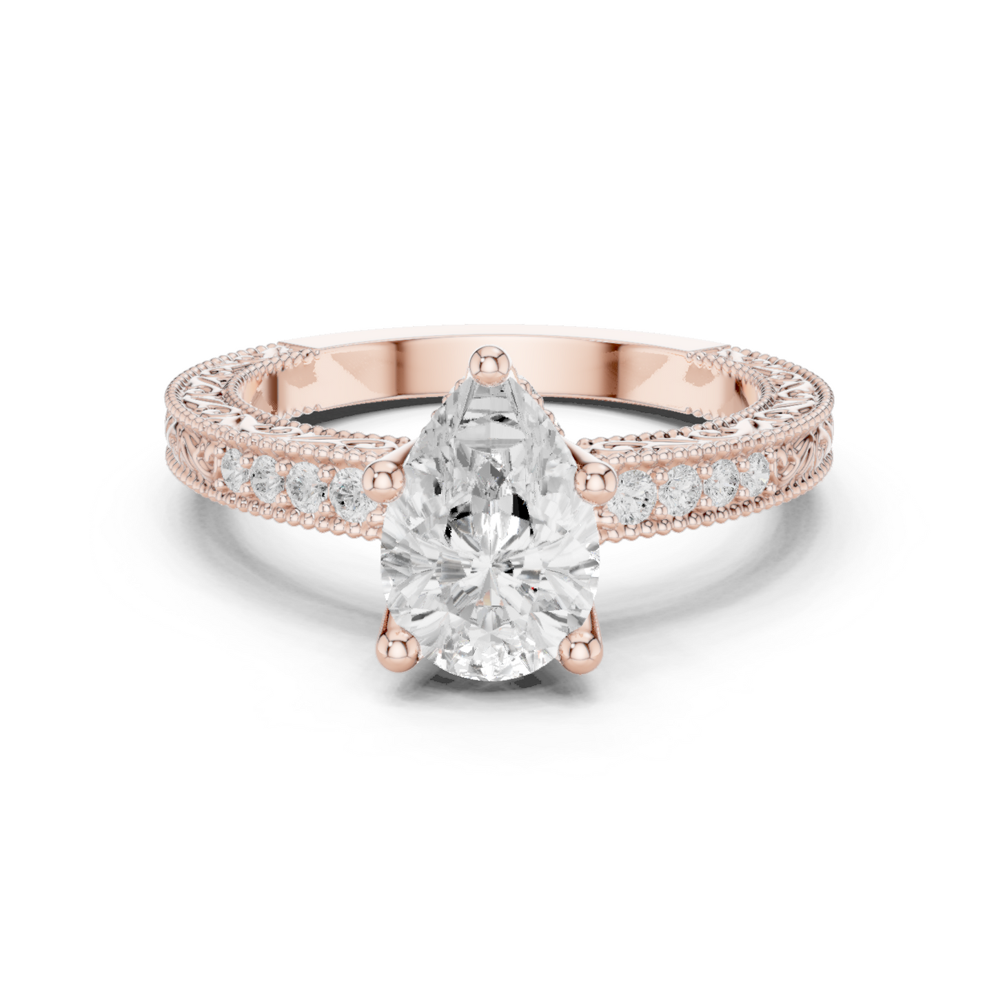 2.19ctw Vintage Pear Cut Ring with Milgrain Filigree Hidden Halo | Yellow Gold