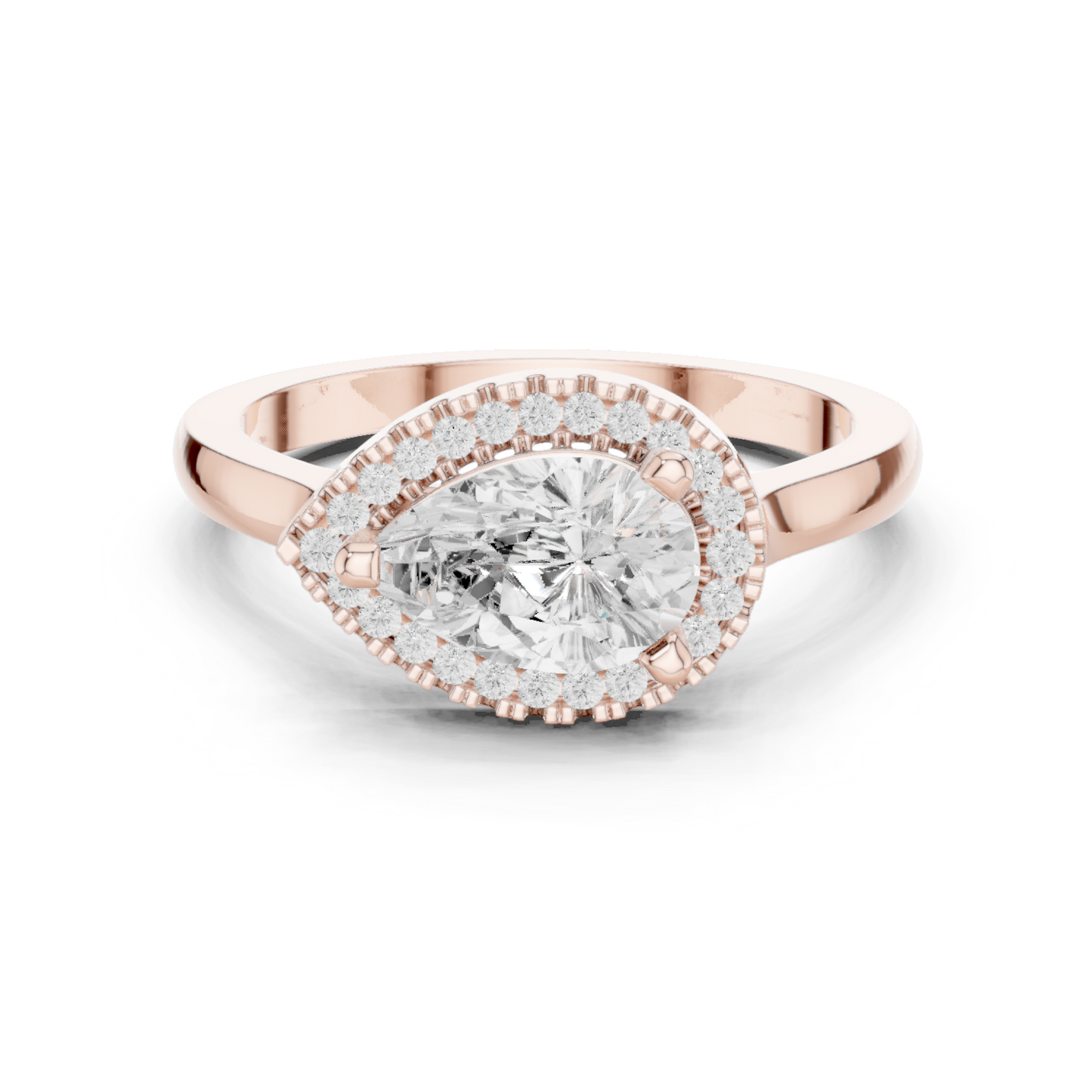 1.07ctw Pear Diamond East-West Halo Ring Plain Band - Solid Gold