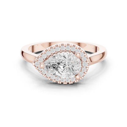 1.07ctw Pear Diamond East-West Halo Ring Plain Band - Solid Gold