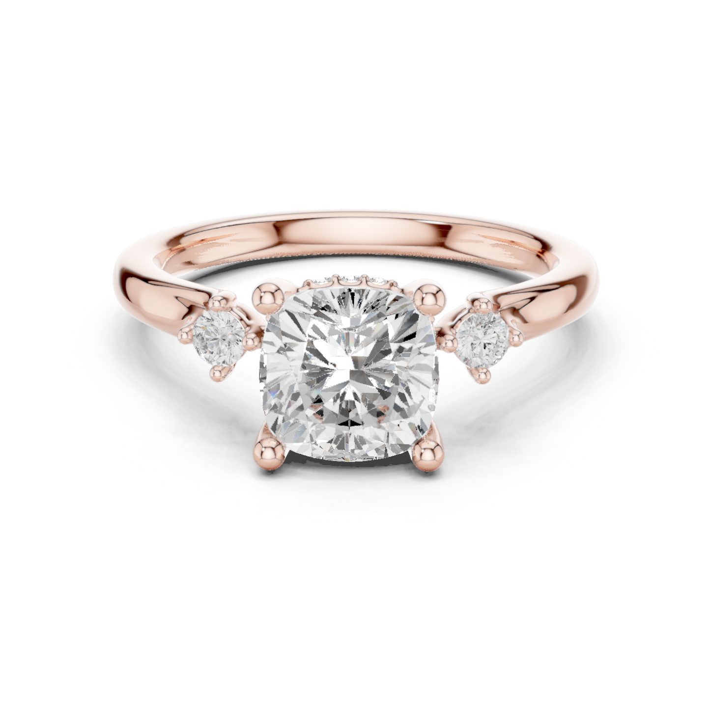 2.16ctw Cushion Cut Three-Stone Ring with Hidden Halo | Yellow Gold