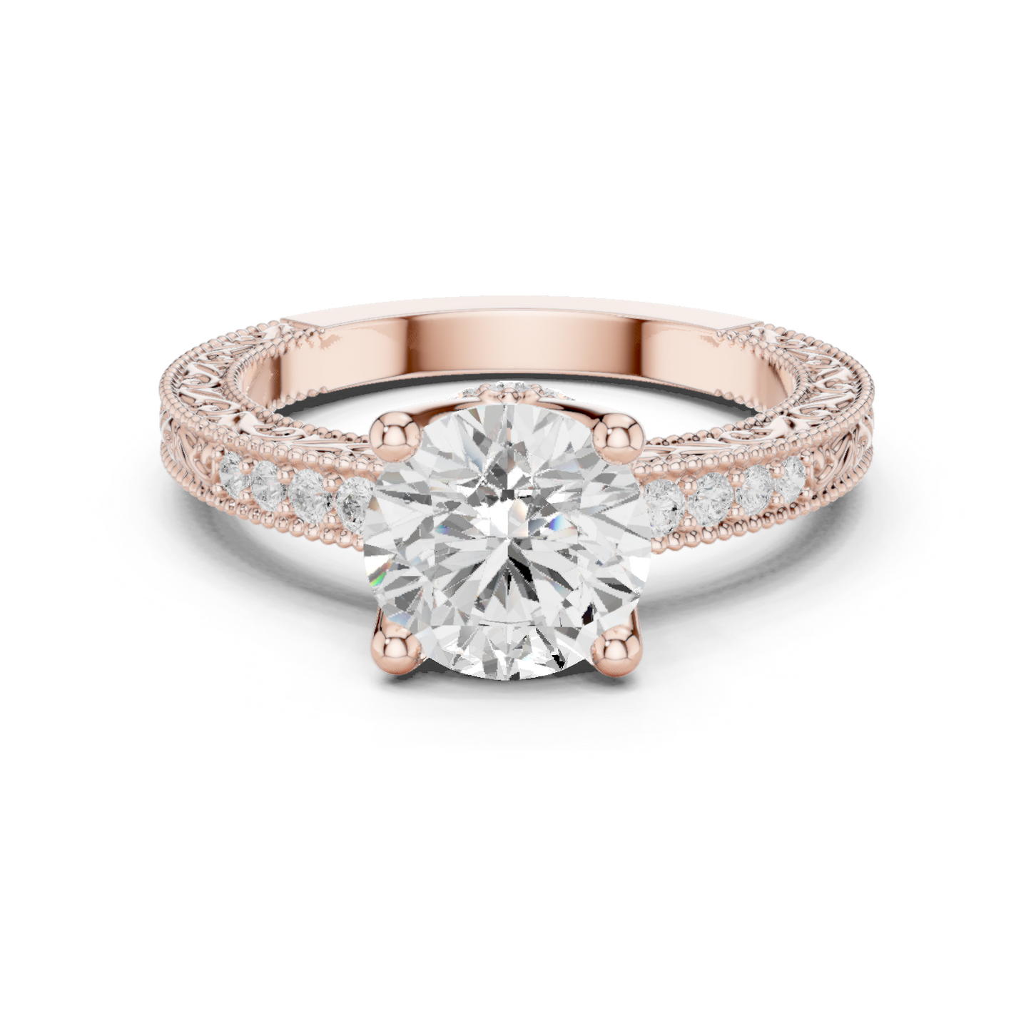 2.21ctw Vintage Round Cut Ring with Milgrain Filigree Hidden Halo | Yellow Gold