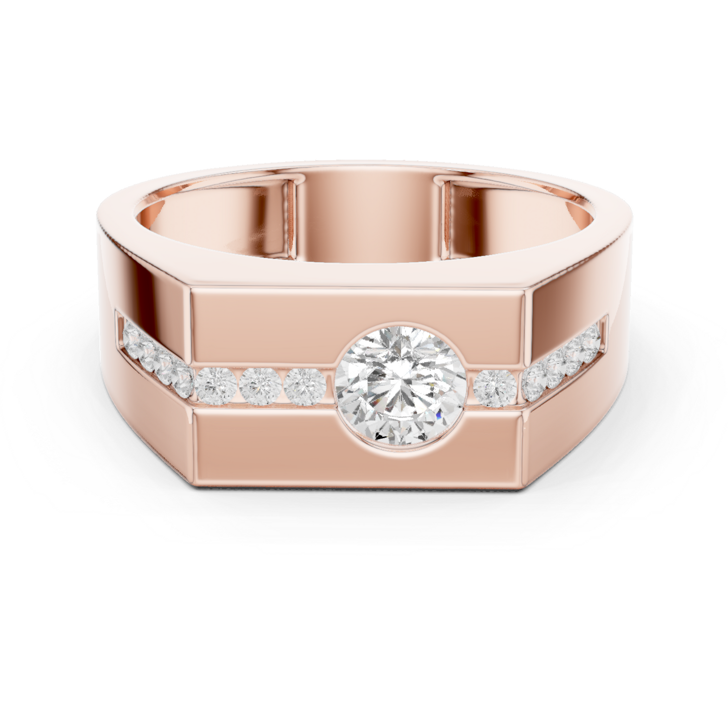 Yellow Gold Round Diamond Solitaire Ring - 0.68CTW Octagonal Statement Band