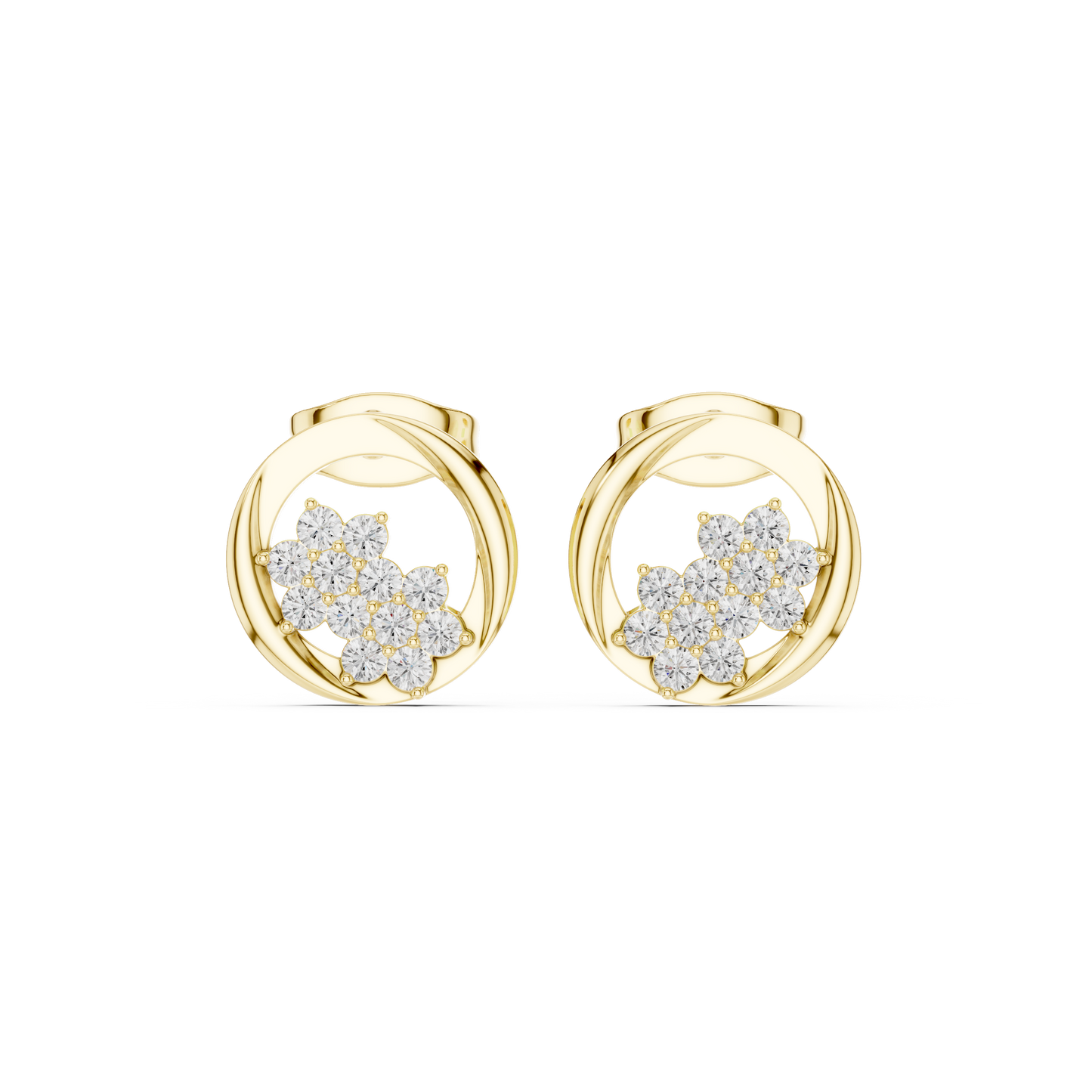 Floral Orbit Diamond Stud Earrings in Yellow Gold : 0.30CTW Round Brilliant