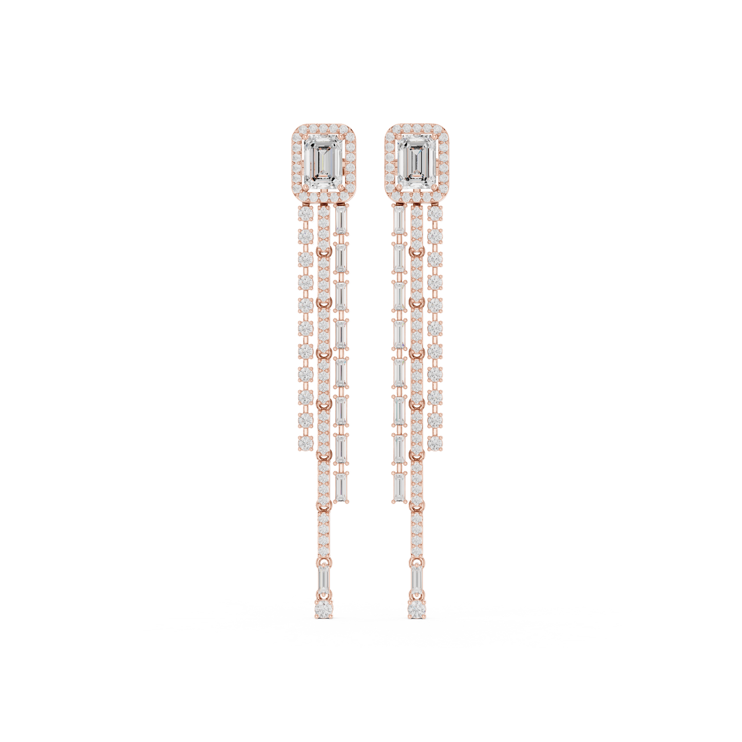Emerald-Cut Halo Tassel Earrings with Gold & Diamond Baguette Fringe : 4.25CTW