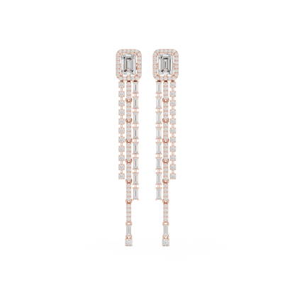 Emerald-Cut Halo Tassel Earrings with Gold & Diamond Baguette Fringe : 4.25CTW