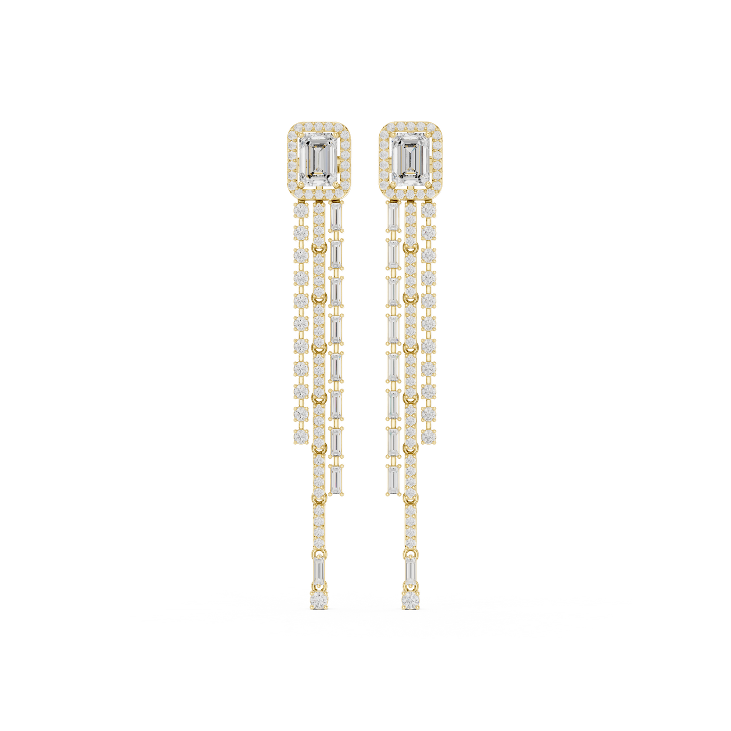 Emerald-Cut Halo Tassel Earrings with Gold & Diamond Baguette Fringe : 4.25CTW